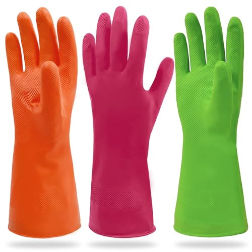 Cleanbear Reusable Dish Washing Rubber Glove Set of 3, Household Cleaning Gloves for Washing - color: Green,red,orange, size: Medium
