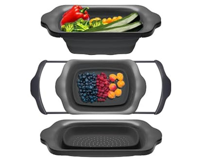 Comfify Over-the-Sink Colander with Handles – Sleek Plastic Black Kitchen Strainer for Pasta, Vegetables & Fruits – Space-Saving Design – 17.1 x 10.2 x 1.75 Inches - color: Black