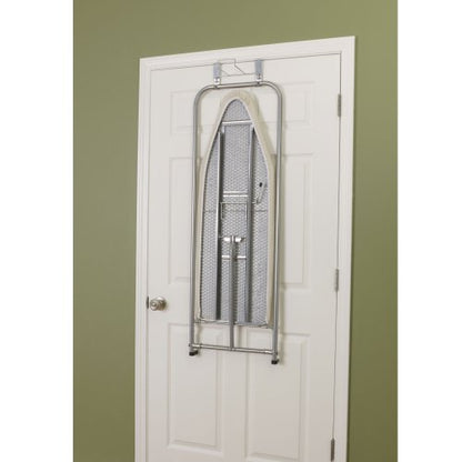 Household Essentials 144222 Over The Door Small Ironing Board with Iron Holder, Natural Cotton Cover Silver - color: Silver