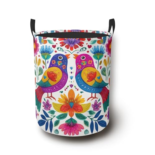 Colorful Bird Laundry Hamper,Flowers Mexican Style Collapsible Laundry Basket with Handles Waterproof Storage Bin for Clothes Books Organizer Basket for Bedroom Bathroom Dormitories 16" x 20.8" - color: Colorful Bird Flowers Mexican Style