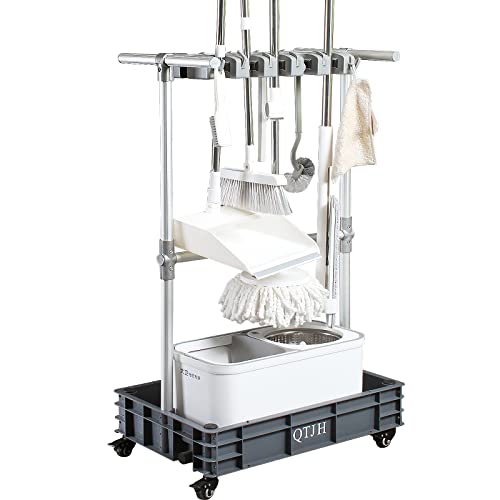 Broom mop holder cleaning supplies organizer janitorial carts on wheels housekeeping station storage tools for garage, garden, closet, cabinet.