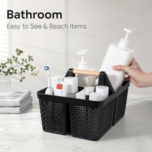 UUJOLY Portable Plastic Shower Caddy Basket with Wooden Handle, Black - color: Black