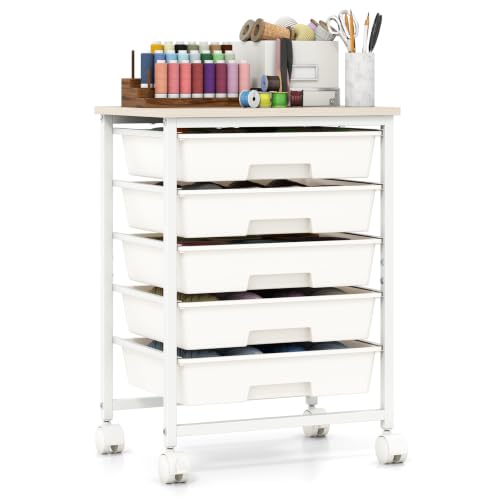 Giantex 5 Drawers Rolling Cart with Wheels, Wood Top, Sturdy Frame - color: White, size: 5 Drawer-15"x11"x21"