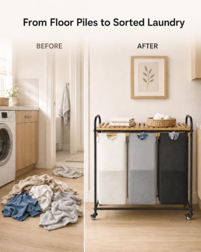 105L Laundry Hamper with Wheels, 3 Section Rolling Laundry Sorter Cart with Bamboo Shelf, Large Clothes Basket for Laundry Room and Bathroom