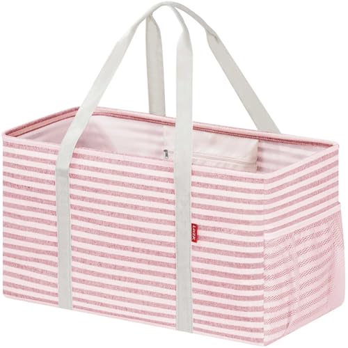 LHZK Standing Extra Large Utility Tote Bag with Metal Wire Frame and the Sides Rinforced, Extra Large Tote Bag with Handle, Reusable Grocery Bags Foldable, Beach Bag, Car Tote (Pink) - color: Pink, size: 22.5''x10.5''x12''-1 Pack