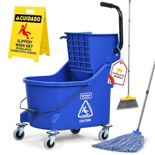 Matthew Cleaning Blue 44Quart Commercial Mop Bucket INCL.Wet String Mop& 19'' Industrial Wet Floor Sign with Side Press Wringer On Wheels,Tandem Portable Floor Cleaning Wavebrake,Ideal for Household - color: Blue, size: 44 Quart (Side Press Wringer)