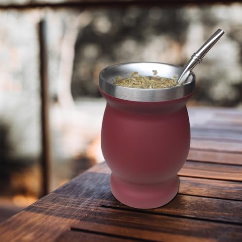 Beruth Bombilla Yerba Mate Gourd, 8oz Stainless Steel Tea Cup Set with a Multifunctional Lid, Two Straws and Cleaning Brushes, Double Walled Coffee Mug Heat Insulation Anti Scalding (Burgundy) - color: Burgundy