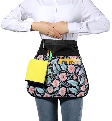 Bafelia Waterproof Server Apron for Women with 7 Pockets - color: Pink Flowers