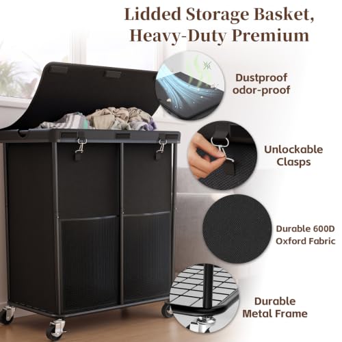 Laundry Hamper with Wheels and Lid, 225L Large Rolling Laundry Basket Black - color: Black, size: 225L