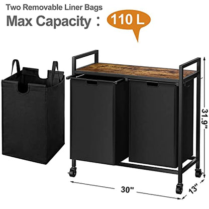 WOWLIVE Double Laundry Hamper with Wheels, Rolling Laundry Basket Organizer - color: Black, size: 110l (30.0 x 13 x 32 Inches)