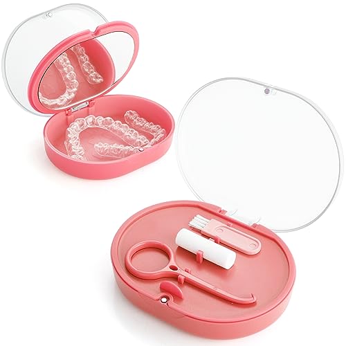 Double Layer Retainer Case Portable Aligner Case for Orthodontics Build In Mirror With Removal Tool,Chewies&Cleaning Brush Kit - color: pink