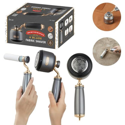 SALAV® Retro Edition Rechargeable Fabric Shaver and Lint Roller with 6-Blade System Removes Fuzz and Piling on Fabrics, with Charging Cable and Mini Brush (Titanium) - color: Titanium