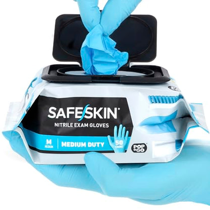 SAFESKIN Disposable Nitrile Gloves in POP-N-GO Pack (50 or 200 Count) Medium Duty, Powder-Free -Cleaning, Gardening, Crafts - size: Medium (Pack of 50)
