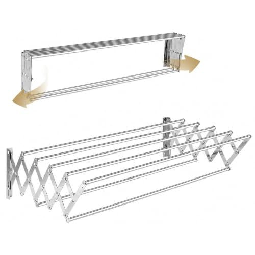 Wall Mounted Drying Rack, Wall Mount Clothes Drying Rack Retractable, Space Saving Accordion Laundry Rack with 7 Staggered Rods, Wall Drying Rack for Bathroom Laundry Room Balcony
