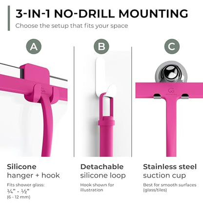 GÜTEWERK Silicone Shower Squeegee with 3-in-1 No-Drill Mount, Pink, 11'' - color: Pink, size: 11 Inches