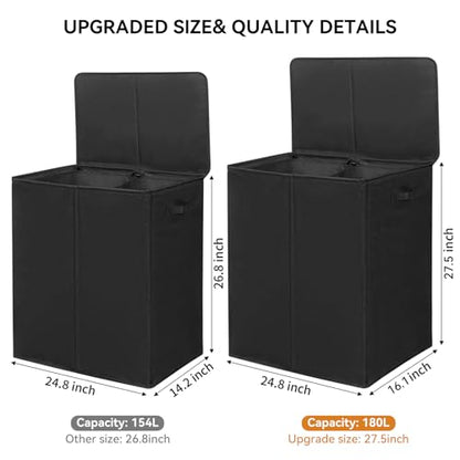 WOWLIVE 180L Double Laundry Hamper 2 Section with Lid and Removable Bags - color: Black, size: 180L (24.8 x 16.2x 27.6 Inches)
