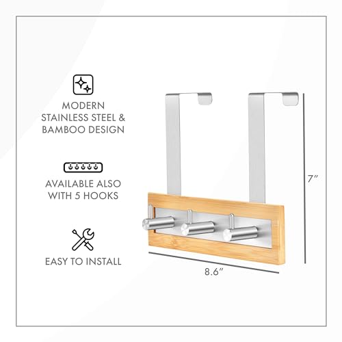 ToiletTree Products Bamboo Stainless Steel Over-the-Door Towel Hooks - Durable Coat, Clothes, and Towel Rack to Use in the Bathroom, Laundry Room, and Closet - 3 Hooks - size: 3 Hook