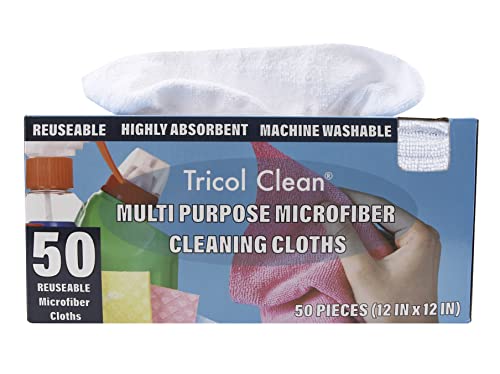 Tricol Clean Profesional Resuable Lint Free Microfiber Edgeless Cleaning Cloth Rag 50PK in Dispenser Box for Housekeeping, Car Cleaning (12 * 12 Inches), White - color: White, size: 12in x 12in