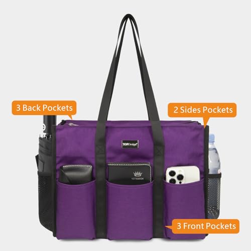 TOPDesign Utility Water Resistant Tote Bag with 13 Pockets, Zipper Closure - color: Purple, size: Medium