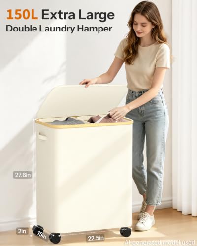 Double Laundry Basket with Wheels and Lid, 150L Clothes Hampers for Laundry - color: Beige, size: 150L