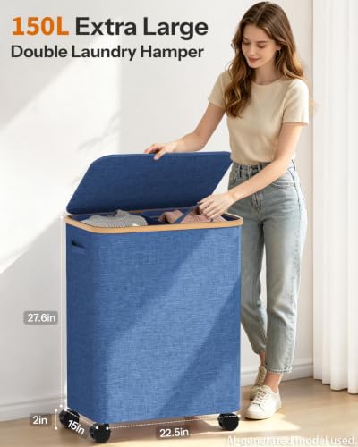 Double Laundry Basket with Wheels and Lid, 150L Clothes Hampers for Laundry - color: Blue, size: 150L