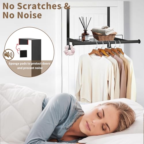 Over The Door Hanger with Storage Rack and 2 Hooks, Metal Over The Door Hanger for Clothes, Clothing Rod Drying Racks for Laundry, Bedroom, Bathroom, Living Room,Office,Fits Door Up to 1.77" - size: 24.8inch(L)