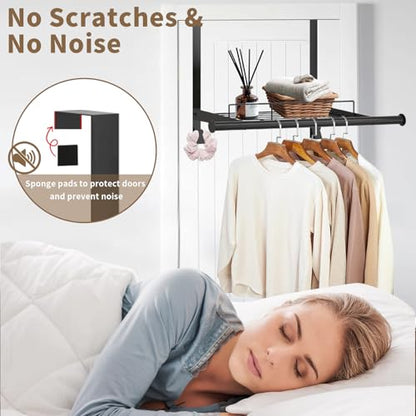Over The Door Hanger with Storage Rack and 2 Hooks, Metal Over The Door Hanger for Clothes, Clothing Rod Drying Racks for Laundry, Bedroom, Bathroom, Living Room,Office,Fits Door Up to 1.77" - size: 24.8inch(L)