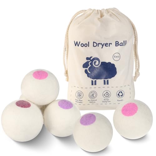 Wool Dryer Balls 6PCS Pure Organic Laundry Wool Tumble Dryer Ball Reusable Natural Fabric Softener Reduce Wrinkles and Drying Time