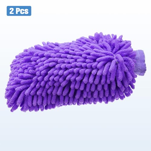 HARFINGTON 2pcs Chenille Microfiber Car Wash Mitts 10" x 7.5" Scratch Free Wash Gloves Absorbent Double Sided Plush Cleaning Drying Mitts for Car Washing Home Clean Purple - color: Purple