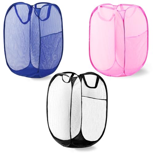 Pop Up Laundry Hamper, Mesh Laundry Basket Collapsible, Foldable Hamper for Travel and Storage, 3 Pack (Black+Pink+Blue) - color: 3P Black+Pink+Blue