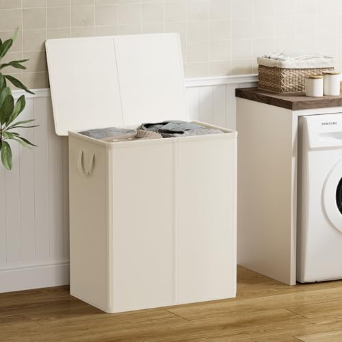 Chrislley Double Laundry Hamper with Lid, 140L Laundry Basket 2 Section - color: Beige, size: 140l(24.0"l X 14.2"w X 25.2"h)