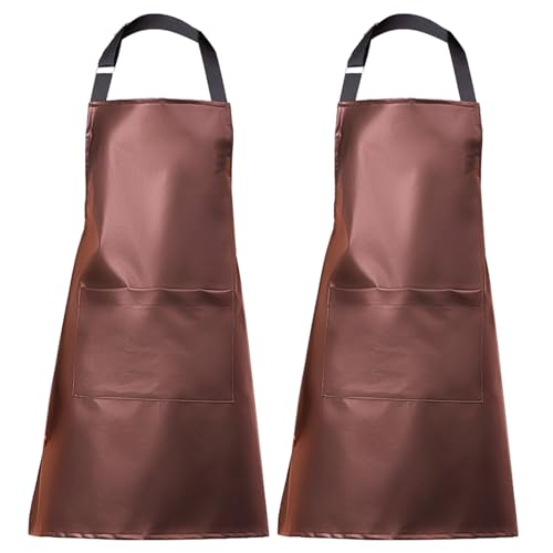 eywlwaar PU Waterproof Apron with One Big Pocket Adjustable Oil Proof Apron for Kitchen Dishwashing Cooking 29.92"x 26.77" - color: Coffee-2packs