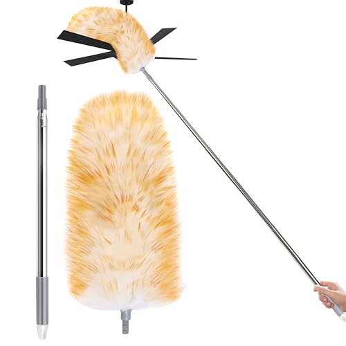 Feathers Duster 97" Long Telescoping Lambswool Duster with Bendable Wool Head - Ultra-Thick Stainless Steel Extension Pole for Cleaning