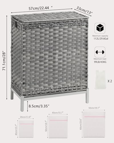 SETVSON Laundry Hamper with Lid, 112 L Handwoven PE Rattan Wicker, Gray - color: Gray, size: 112 L - 29.6 gal