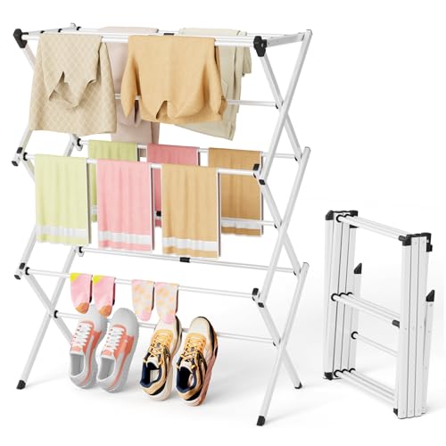 BAKON Space Saving Foldable Clothes Drying Rack, Extendable Rustproof Laundry Rack for Indoor Outdoor Use, No Assembly Required, Suitable for Bathroom Laundry Room Apartment RV, White - color: White
