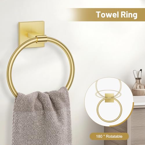 TURS Brushed Gold 5 Piece Bathroom Hardware Accessories Set, SUS304 Stainless Steel Bath Towel Bar Set, 24 Inch Round Bathroom Towel Holder Set Wall Mounted - color: Brushed Gold, size: 5-Pieces Set-A