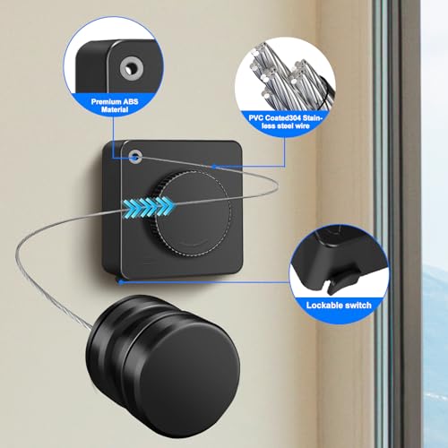 15.7Ft Retractable Clothesline Indoor is Also an Anti-sag Retractable Clothesline Outdoor,Stainless Steel Wire Laundry line Retractable for Drying Clothes ，with 12 Clip (Black) - color: Black