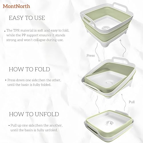 Collapsible Wash Basin 9L, Foldable Dish Tub with Drain Plug, Portable Collapsible Dish Basin, Camping Sink for Washing Dishes, Laundry & Kitchen Use (Green) - color: Green - Set of 1