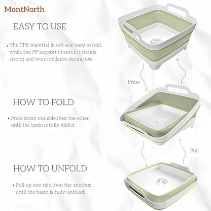 Collapsible Wash Basin 9L, Foldable Dish Tub with Drain Plug, Portable Collapsible Dish Basin, Camping Sink for Washing Dishes, Laundry & Kitchen Use (Green) - color: Green - Set of 1