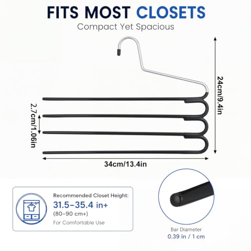 Unittype 5 Pack Space Saving Pants Hangers, 4-Tier Multi Layer S-Shape Closet Organizers, Non-Slip Metal Jeans Rack for Slacks Trousers Scarf, Heavy Duty Wardrobe Storage System (Black) - color: Black