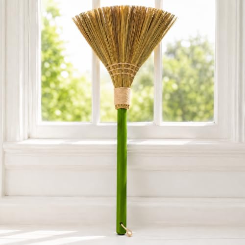 Vietnam Handmade Straw Whisk Broom with Green Wooden Handle - Soft Natural Grass Broom for Home, Kitchen, Bedroom & Garage, 12.2" Wide x 27.95" Long - style: Green