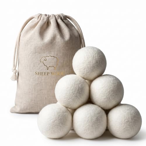 XL Wool Dryer Balls (6-Pack) - 100% Organic New Zealand Wool Laundry Balls for Dryer - Natural Fabric Softener & Reusable Anti Static Solution to Reduce Wrinkles & Shorten Drying Time