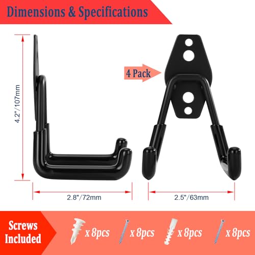 4 Pack Garage Hooks Heavy Duty, Garage Tool Organizer Wall Mount - color: 4 Pack/Black