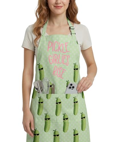 Women Apron, Cute Kitchen Aprons for Women, Girls - color: Light Green Humorous Pickle