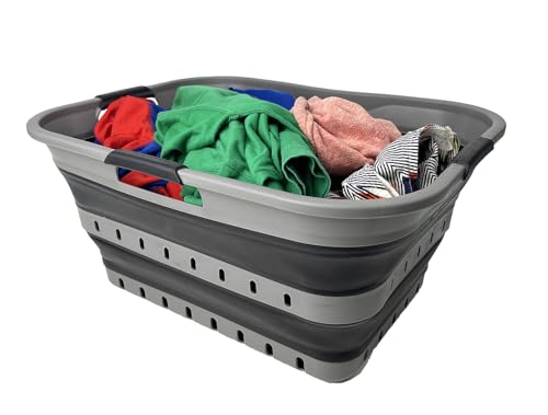 SAMMART 42 (11 Gallons) Collapsible Plastic Laundry Basket, Foldable Pop Up Storage Container/Organizer, Space Saving Hamper, Portable Bin for Dorm Room Bathroom (1, Grey/Black) - color: Grey/Black