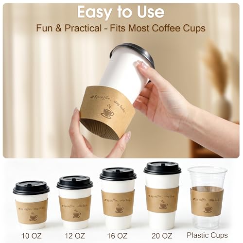 Kochorie 200 Pack Coffee Cup Sleeves Disposable Kraft Paper Coffee Sleeves Corrugated Cup Sleeves Holder Funny Printed Heat Insulation Covers Fits 10-20 oz To-Go Cups for Hot Cold Beverage