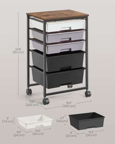 VASAGLE Rolling Cart with Drawers,5 Drawers Storage Cart, Black - color: Black, size: 5 Drawer