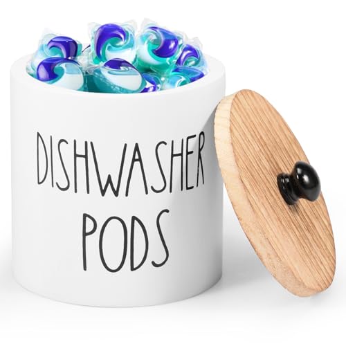 Round Dishwasher Pods Container, Wooden Laundry Pod Holder with Lid, White - color: White