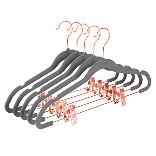 MIZGI Premium Velvet Pants Hangers with Clips (Pack of 20) Slim Skirt Hangers- Non Slip Felt Outfit Dress Hangers Gray - Copper/Rose Gold Hooks,Space Saving Shirt Clothes Hangers - color: Gray/Rosegold, size: 20-Pack