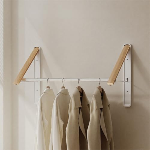 Retractable Wall Mounted Drying Rack - Foldable Clothes Hanger in Walnut or Oak Color for Laundry Room, Closet & Balcony (Oak, 2 Racks + Rod) - color: Oak, size: 2 Racks + Rod